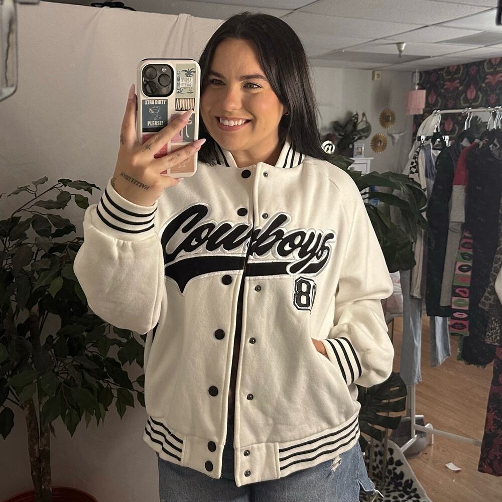 Edikted Cowboys Snap Front Varsity Jacket White Size Large